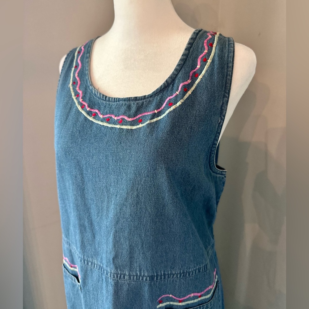 L Carolina bay denim blue jean vintage jumper dress embroidered cottage 90s maxi - Picture 6 of 7